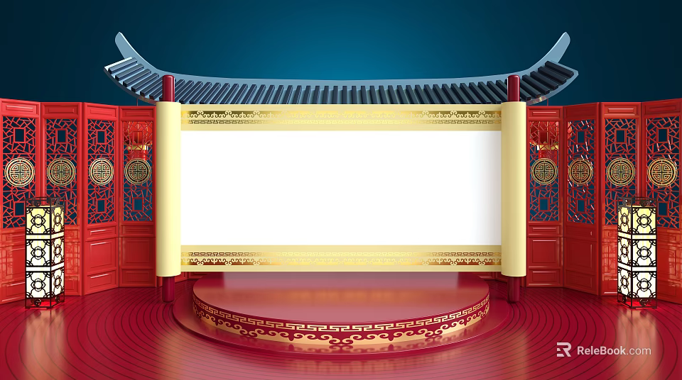 Traditional Chinese Display Shelves with Red Gold Decorations Eaves Structure and Round Platform 3d model