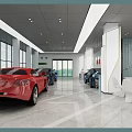4S Luxury Car Showroom Displaying Red Sports Car On Circular Stand And Blue Vehicle Screen