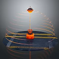 Orange Floating Daily Life Product With Spiral Trails And Yellow Striped Circular Base