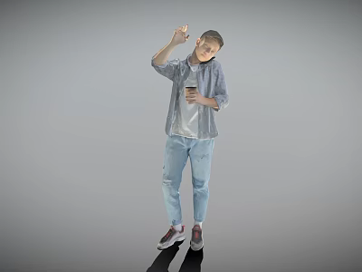 Man Raising Hand Holding Phone Wearing Gray Shirt Blue Jeans And Sneakers Against Gray Background 3d model