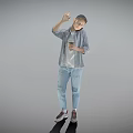 Man Raising Hand Holding Phone Wearing Gray Shirt Blue Jeans And Sneakers Against Gray Background