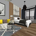 Hotel Room Interior With Sofa Yellow Throw Pillows Bed Deer Painting Chandelier And Wooden Flooring