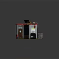 Cartoon Scene of Cafe Storefront with Red Roof Striped Awning Wooden Door and Hanging Lantern