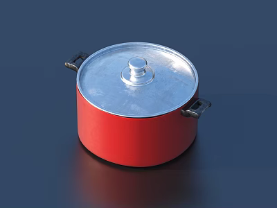 Red Cooking Pot With Silver Lid And Black Handles For Kitchen Cooking Use 3d model