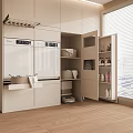 Light-toned Modern Kitchen Interior With White Cabinets Double-door Appliances Open Storage And Wooden Flooring