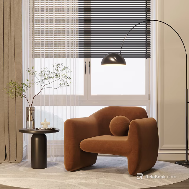 Brown Single Sofa with Floor Lamp Side Table and Green Plant by Window with Blinds 3d model 