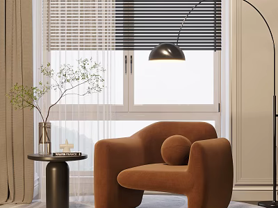 Brown Single Sofa with Floor Lamp Side Table and Green Plant by Window with Blinds 3d model