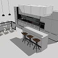 Modern Kitchen Open Layout With Cabinets Island Stools And Pendant Lights 3d model