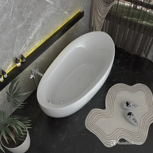 Freestanding White Bathtub In Modern Bathroom With Marble Wall Black Floor Plant Wavy Mat Toiletries 3d model 