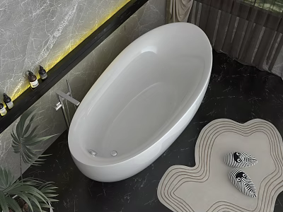 Freestanding White Bathtub In Modern Bathroom With Marble Wall Black Floor Plant Wavy Mat Toiletries 3d model
