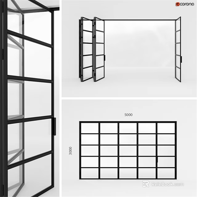Modern Swing Door With Black Frame Glass Panel And Grid Design 3d model 