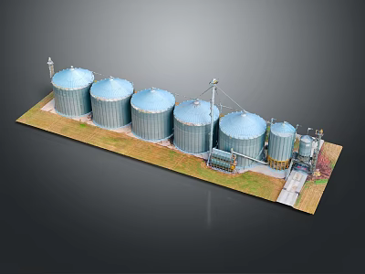 Industrial Metal Silos Agricultural Storage Facility With Grassy Area And Equipment 3d model