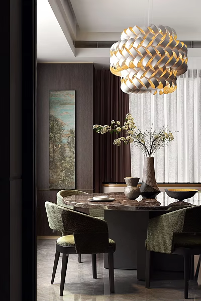 Elegant Modern Dining Table Set With Chandelier Vase Flowers Chairs And Wall Painting 3d model
