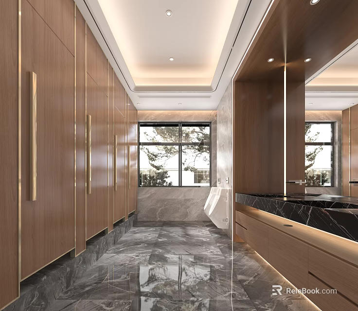Public Restroom Modern Interior With Wooden Cabinets Marble Countertops Large Mirrors And Bright Windows 3d model 
