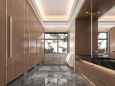 Public Restroom Modern Interior With Wooden Cabinets Marble Countertops Large Mirrors And Bright Windows 3d model