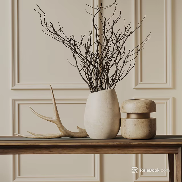 Decorative Ornament Set With Beige Vase Dried Branches Antler And Lidded Container On Wooden Table 3d model 