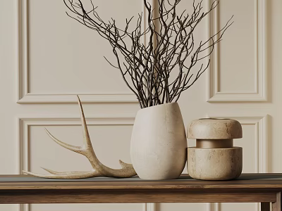 Decorative Ornament Set With Beige Vase Dried Branches Antler And Lidded Container On Wooden Table 3d model