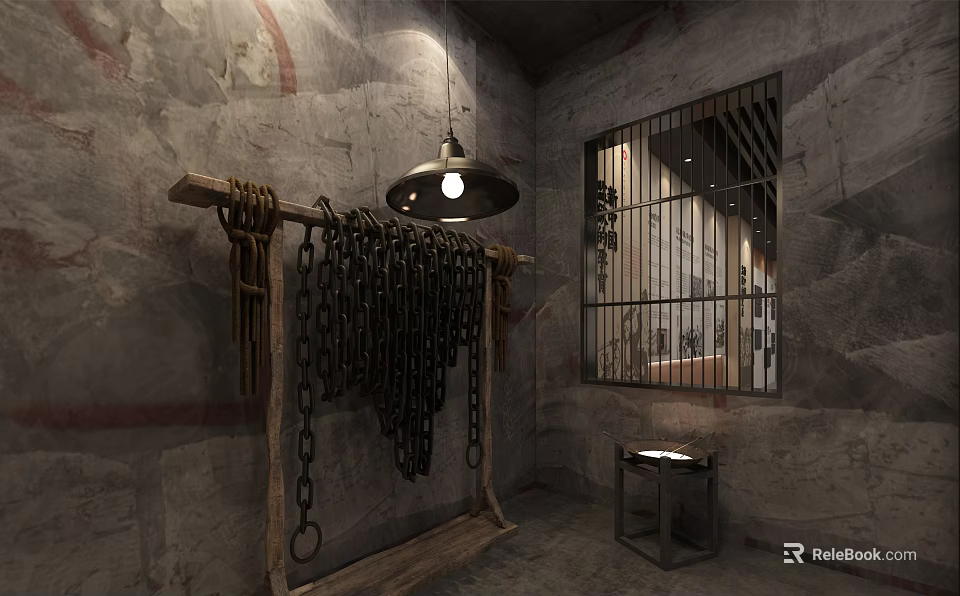 Industrial Style Interior With Stone Walls Wooden Rack Chains Hanging Lamp And Iron Bars Window 3d model 