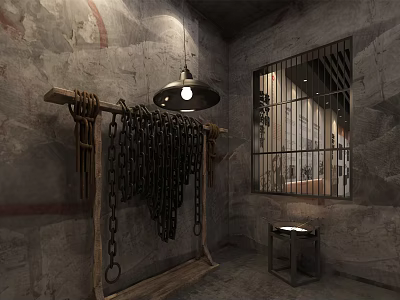 Industrial Style Interior With Stone Walls Wooden Rack Chains Hanging Lamp And Iron Bars Window 3d model