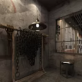 Industrial Style Interior With Stone Walls Wooden Rack Chains Hanging Lamp And Iron Bars Window