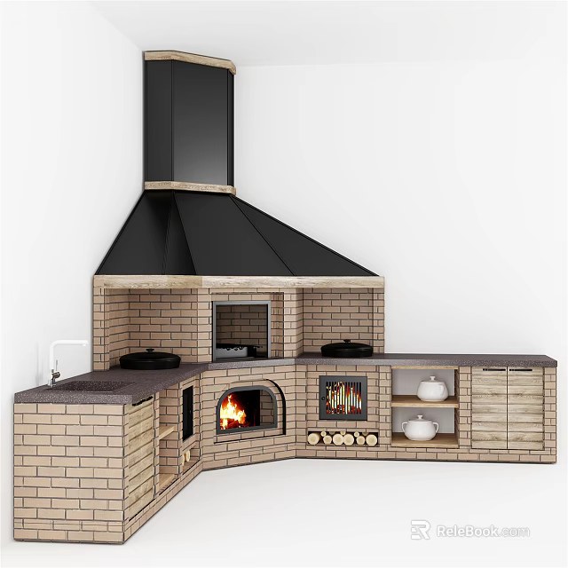Rustic Kitchen Design With Brick Cabinets Black Range Hood Marble Countertop And Fireplace Stove 3d model 
