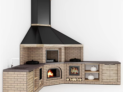 Rustic Kitchen Design With Brick Cabinets Black Range Hood Marble Countertop And Fireplace Stove 3d model