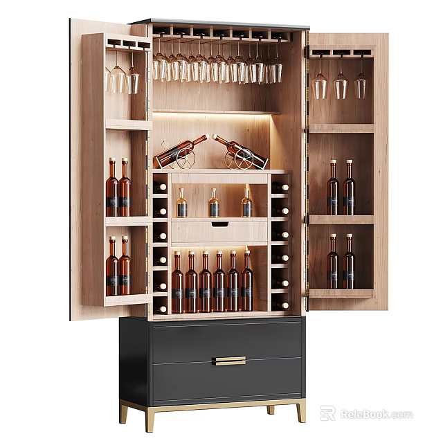 Elegant Modern Wine Cabinet With Wooden Shelves Wine Racks And Glass Storage 3d model 