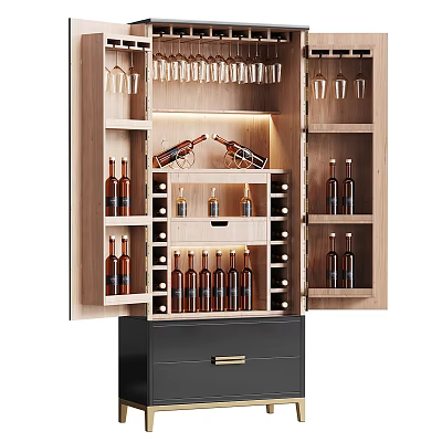 Elegant Modern Wine Cabinet With Wooden Shelves Wine Racks And Glass Storage 3d model