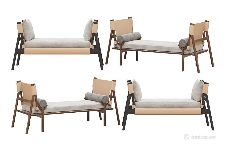 Modern Wooden Frame Footstool With Upholstered Cushion And Neutral Tone Design 3d model 