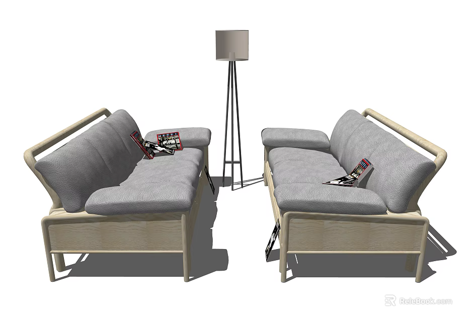 Comfortable Multi Person Sofa With Gray Cushions And Wooden Frame And Floor Lamp 3d model 