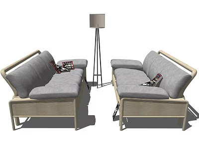 Comfortable Multi Person Sofa With Gray Cushions And Wooden Frame And Floor Lamp 3d model