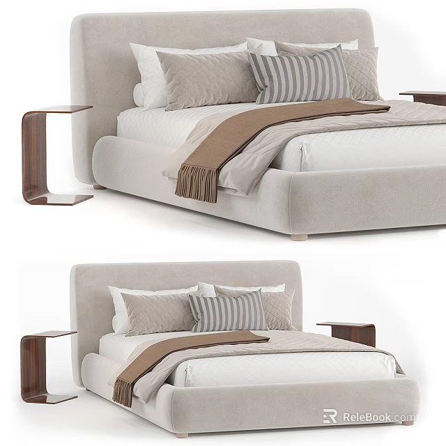 Beige Upholstered Double Bed With Striped Pillows Wooden Nightstand And Blanket 3d model 