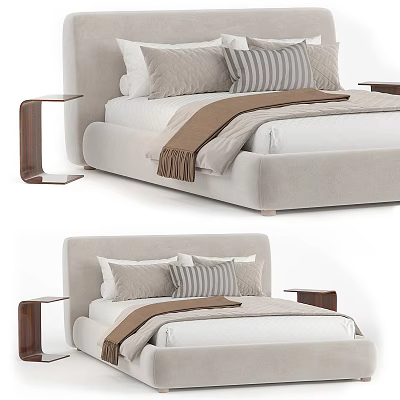 Beige Upholstered Double Bed With Striped Pillows Wooden Nightstand And Blanket 3d model