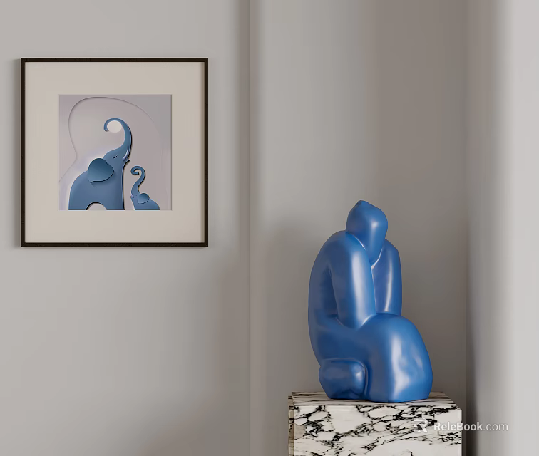 Blue Abstract Seated Human Sculpture On Black And White Patterned Base 3d model