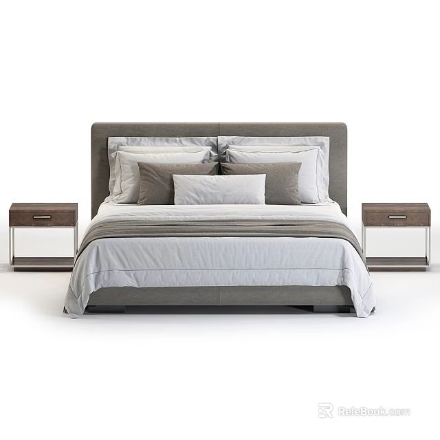 Modern Platform Bed With Grey Headboard White Linens And Wooden Nightstands 3d model 