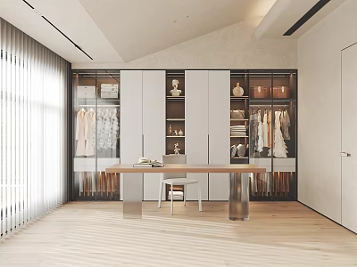 Modern Bedroom Interior With Open Closet Wooden Floor Window Curtains Table And Chair 3d model