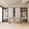 Modern Bedroom Interior With Open Closet Wooden Floor Window Curtains Table And Chair