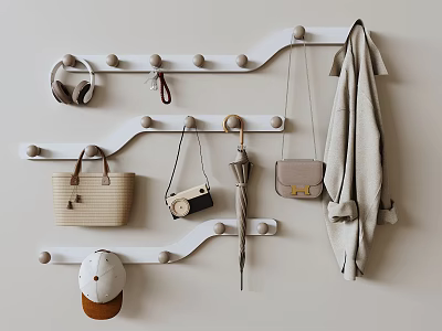 White Wall Hook Rack With Bags Camera And Coat 3d model