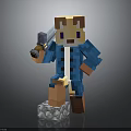 Pixelated Bear Character In Blue Coat Holding Tool Standing On Stone Base 3d model
