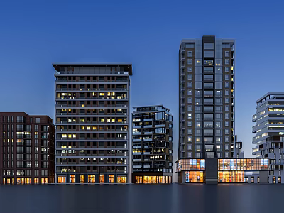 Modern Urban High Rise Building Complex With Glass Facades And Lit Windows At Dusk 3d model