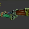 3D Rendered Weapon Featuring Green Red Blue Sections Yellow Straps And Mechanical Parts