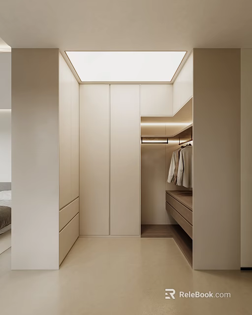 Modern Minimalist Walk in Closet Interior With Beige Cabinets Drawers Hanging Rods And Soft Lighting 3d model 