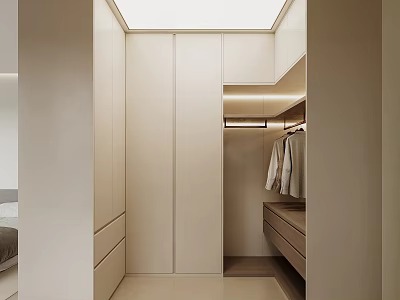 Modern Minimalist Walk in Closet Interior With Beige Cabinets Drawers Hanging Rods And Soft Lighting 3d model
