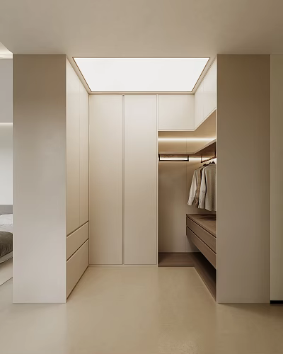 Modern Minimalist Walk in Closet Interior With Beige Cabinets Drawers Hanging Rods And Soft Lighting 3d model