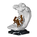 Decorative Ornament Set with White Wave Design Base Three Brown Figurines and Black Marble Stand