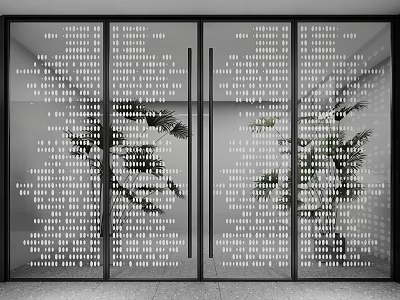 Modern Glass Doors With Text Patterns And Green Plants In Interior View 3d model