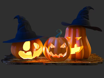 Halloween Pumpkin Shaped Decorative Lights with Witch Hats and Carved Illuminated Faces 3d model