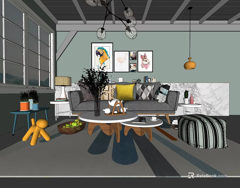Modern Living Room Two-Seater Sofa With Pillows Coffee Table Rug And Decorative Paintings 3d model 