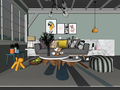 Modern Living Room Two-Seater Sofa With Pillows Coffee Table Rug And Decorative Paintings 3d model