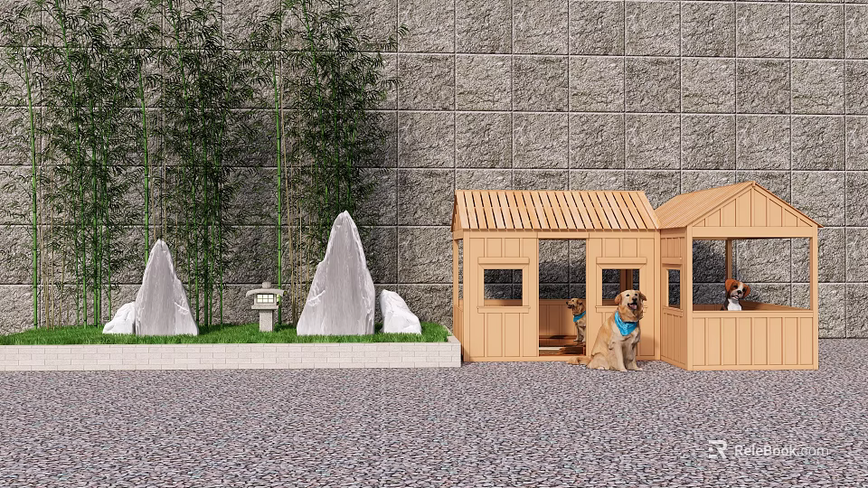 Garden Ornaments With Gray Stone Wall Bamboo White Stones Small Lawn Wooden House And Dog 3d model 